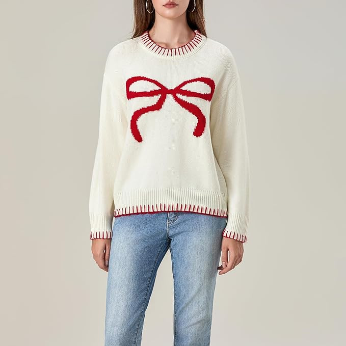 Women Cute Bow Sweater Y2k Long Sleeve Crew Neck Knit Sweaters Aesthetic Pullover Top | Amazon (US)