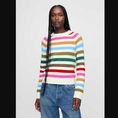New women's Gap happy stripe CashSoft crewneck rainbow multi stripe sweater | eBay US