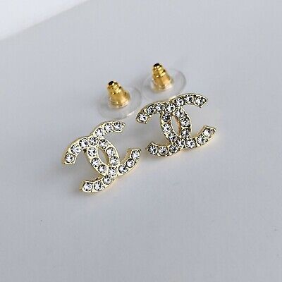C Logo Mini Gold Color Crystal Earrings Studs w/stamp | eBay US