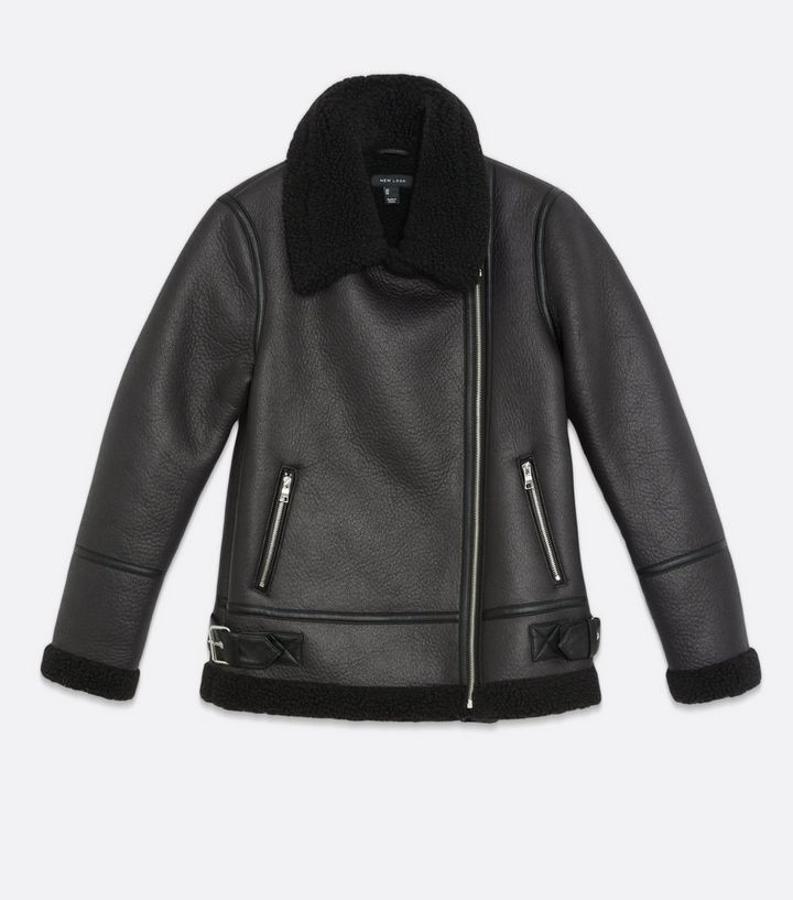 Black Leather-Look Faux Shearling Aviator Jacket
						
						Add to Saved Items
						Remove fro... | New Look (UK)