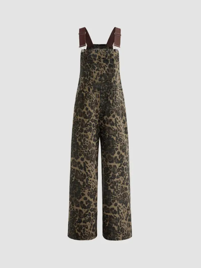 Denim Leopard Pocket Buckle Up Wide Leg Oversized Jumpsuit | Cider