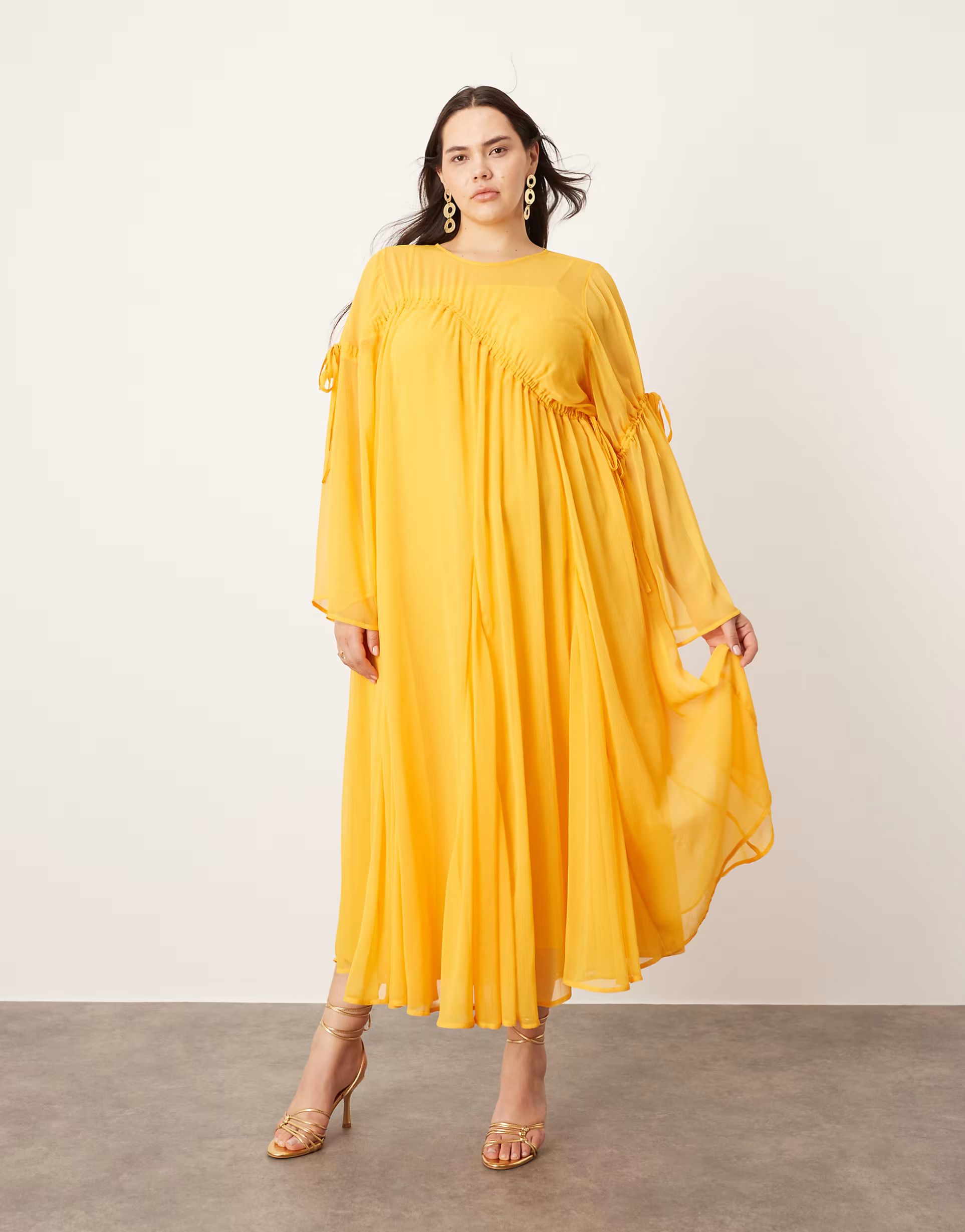 ASOS EDITION Curve long sleeve chiffon maxi dress with gathered detail in orange | ASOS (Global)