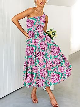 ANRABESS Women's 2023 Summer Bohemian One Shoulder Sleeveless Smocked Ruffle Tiered Beach Maxi Su... | Amazon (US)