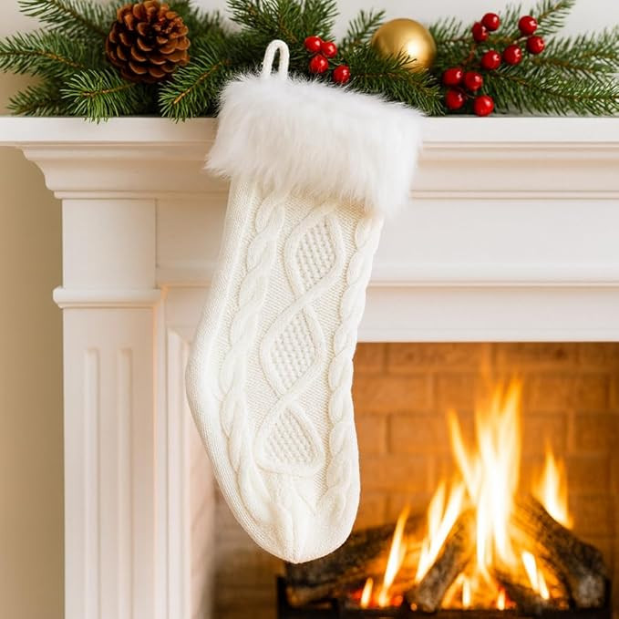 White Knit Christmas Stocking 18.5 Inch, Chunky Cable Design with Soft Faux Fur Cuff, Ideal for F... | Amazon (US)