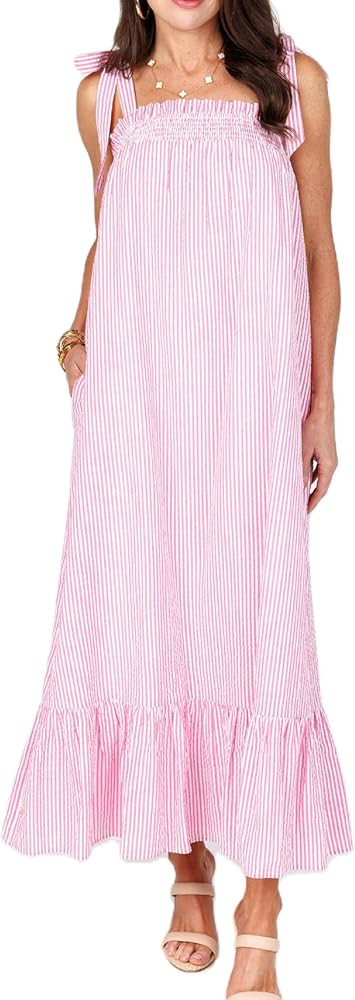 NUFIWI Women Tie Shoulder Graffiti Long Dress Sleeveless Flowy Graphic Maxi Dress Swing Spaghetti... | Amazon (US)