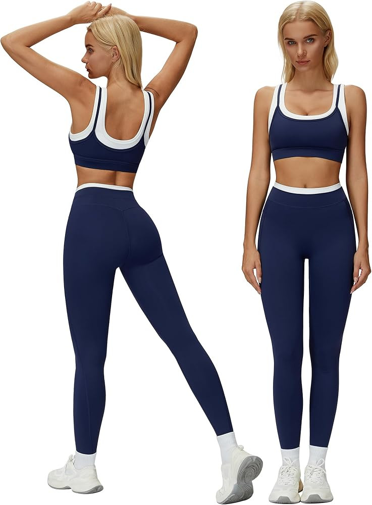 ABOCIW Two Piece Workout Sets for Women Layer Sports Bra Tummy Control High Wait Leggings Gym Yog... | Amazon (US)