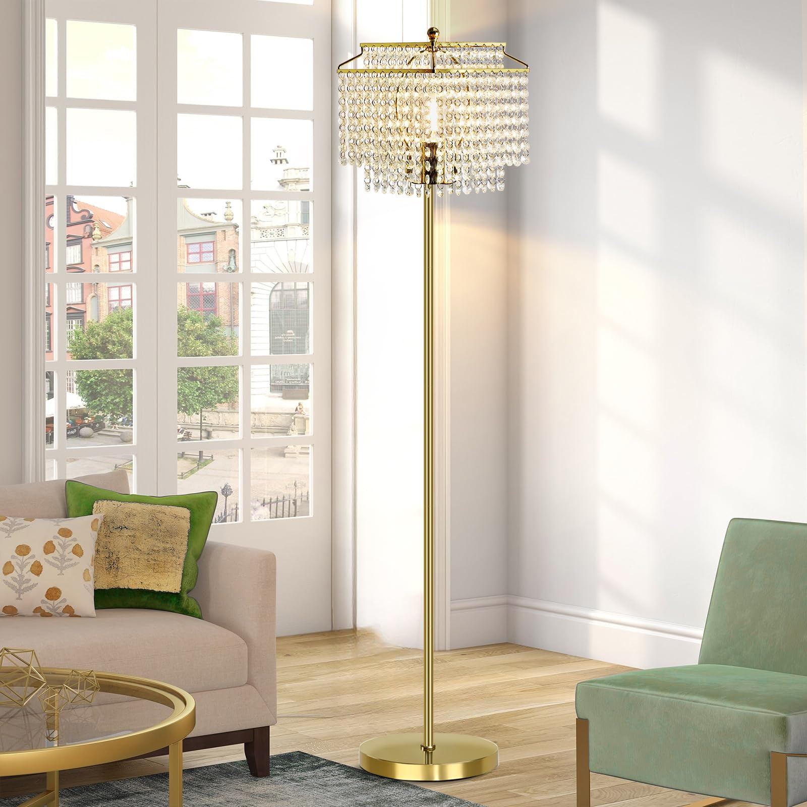 Luvkczc Gold Crystal Floor Lamp, 64" Tall Elegant Standing Lamp with On-Off Foot Switch, Double-Layer Lampshade, Standing Floor Lamps for Living Room, Bedroom, Office, 8W LED Bulb Included | Amazon (US)