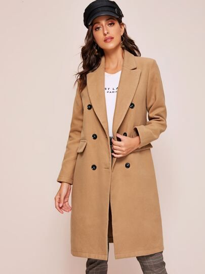 SHEIN Notched Collar Solid Pea Coat | SHEIN