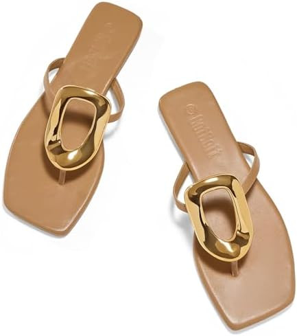Women's Flat Sandals Summer Square Toe Flip Flops Comfortable Beach Flats Slip on Metal Decoratio... | Amazon (US)