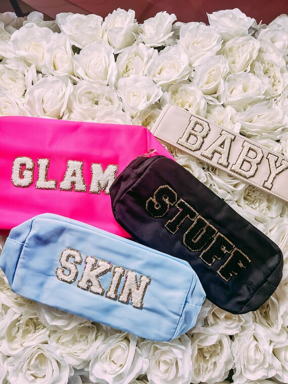 Large Black Nylon Makeup Bag Sewn On Letters | STUFF | Ships Immediately | Nylon Pouch | Etsy (US)