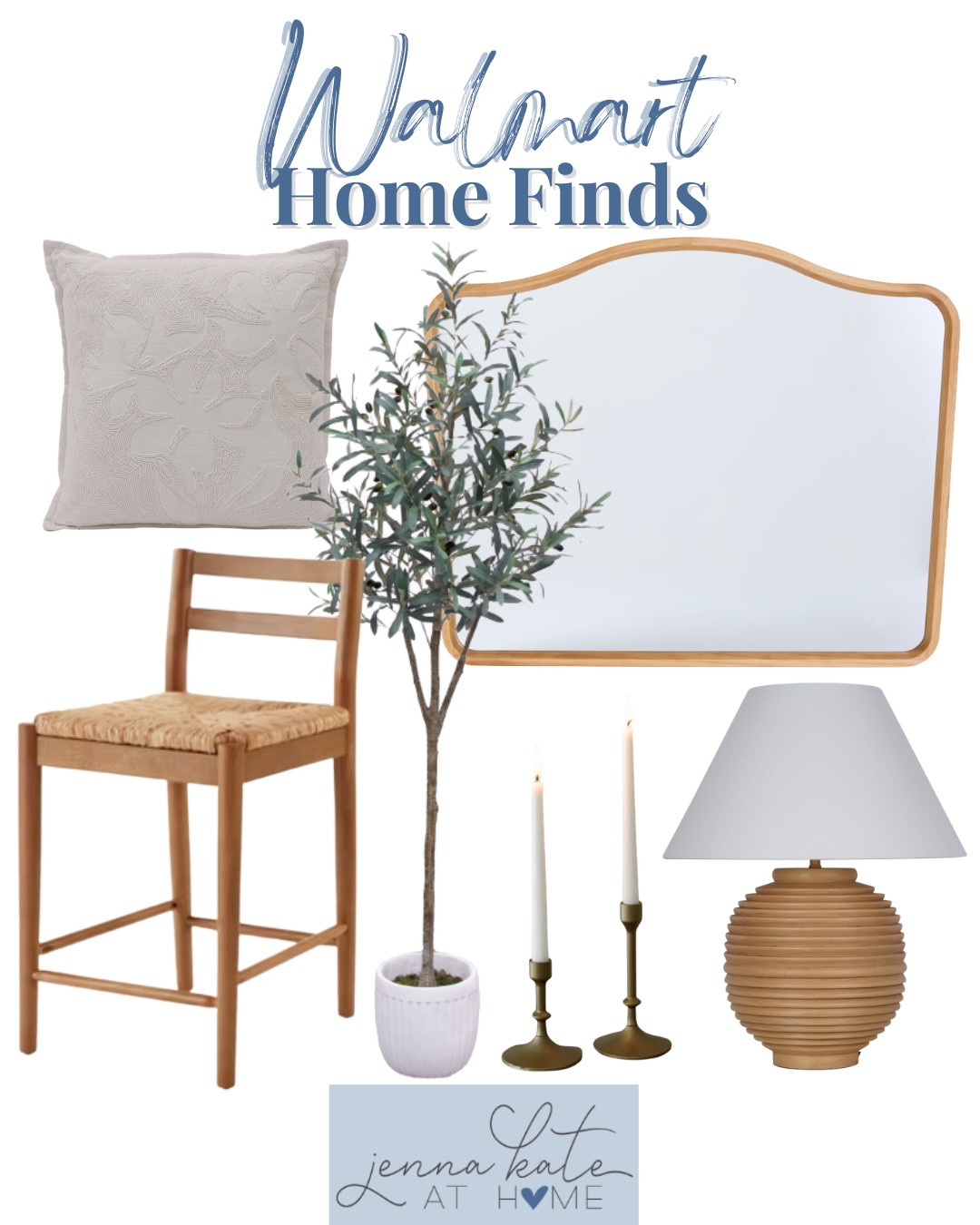 Walmart home finds include table lamp, candle stick holders, faux tree, throw pillow, and counter stool.

Home decor, looks for less, coastal home, neutral home decor

#LTKSaleAlert #LTKHome #LTKSeasonal