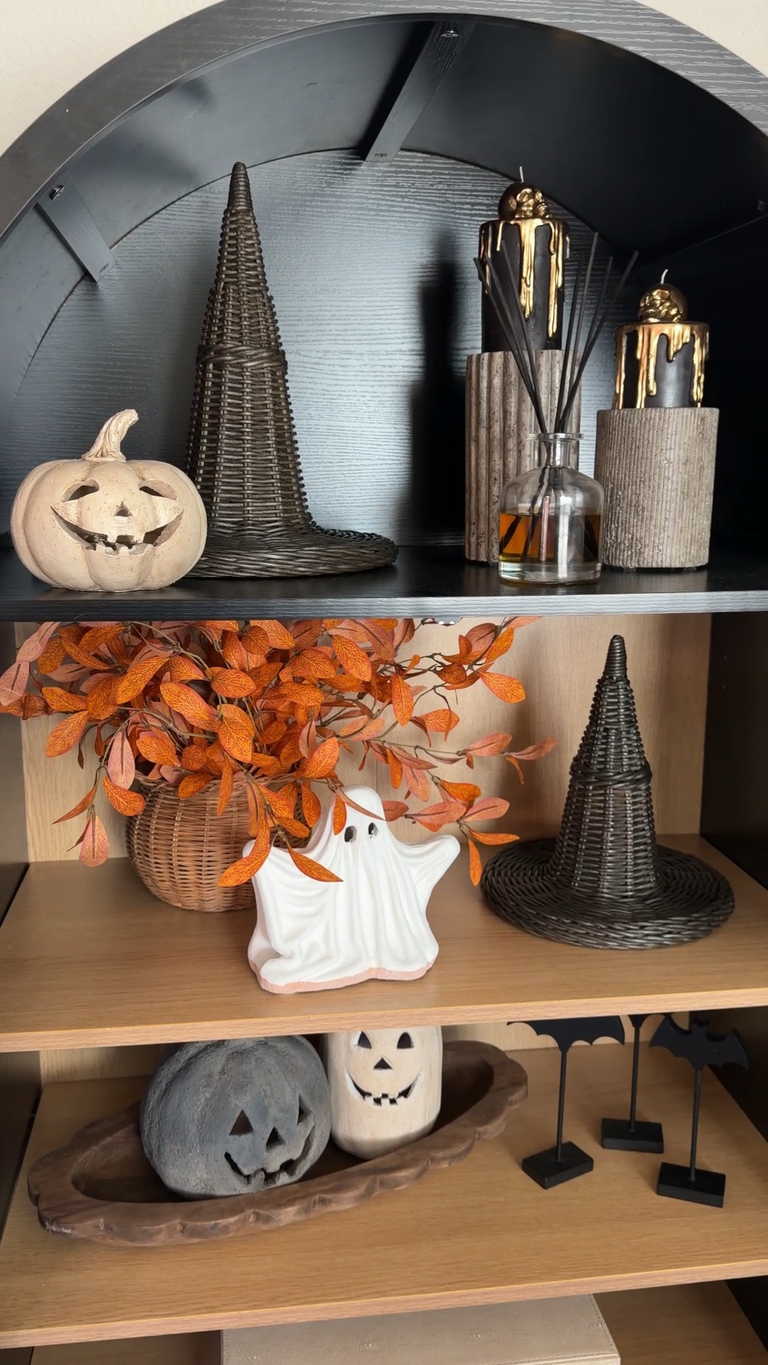 Halloween cabinet done! This arched cabinet in our dining room is one of my favorite things to decorate seasonally. 🥰 The cabinet is from Amazon, the wicker witch hats are McGee & Co and the ghosts and pumpkins are pottery barn

#LTKSeasonal #LTKstorytime #LTKHome
