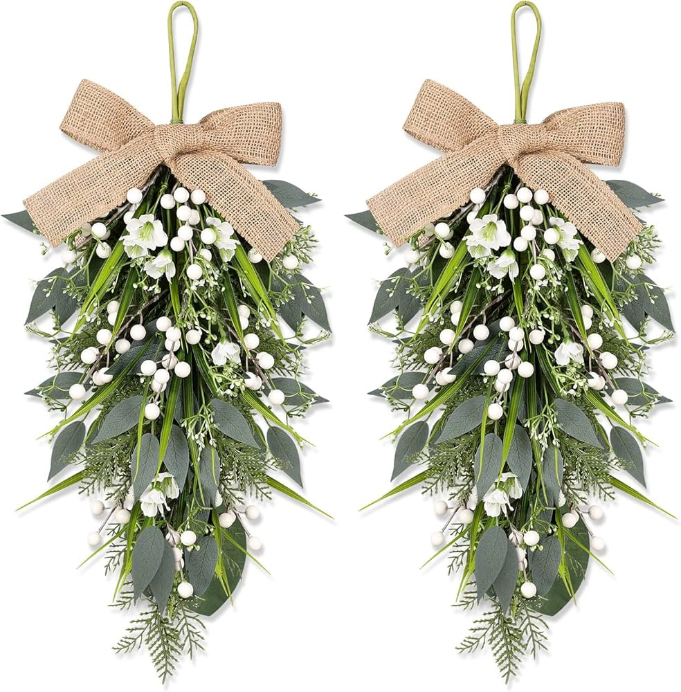 2 Pcs 24" Artificial White Flower Teardrop Wreaths Swag Spring Summer Berries Swags Wreath White ... | Amazon (US)