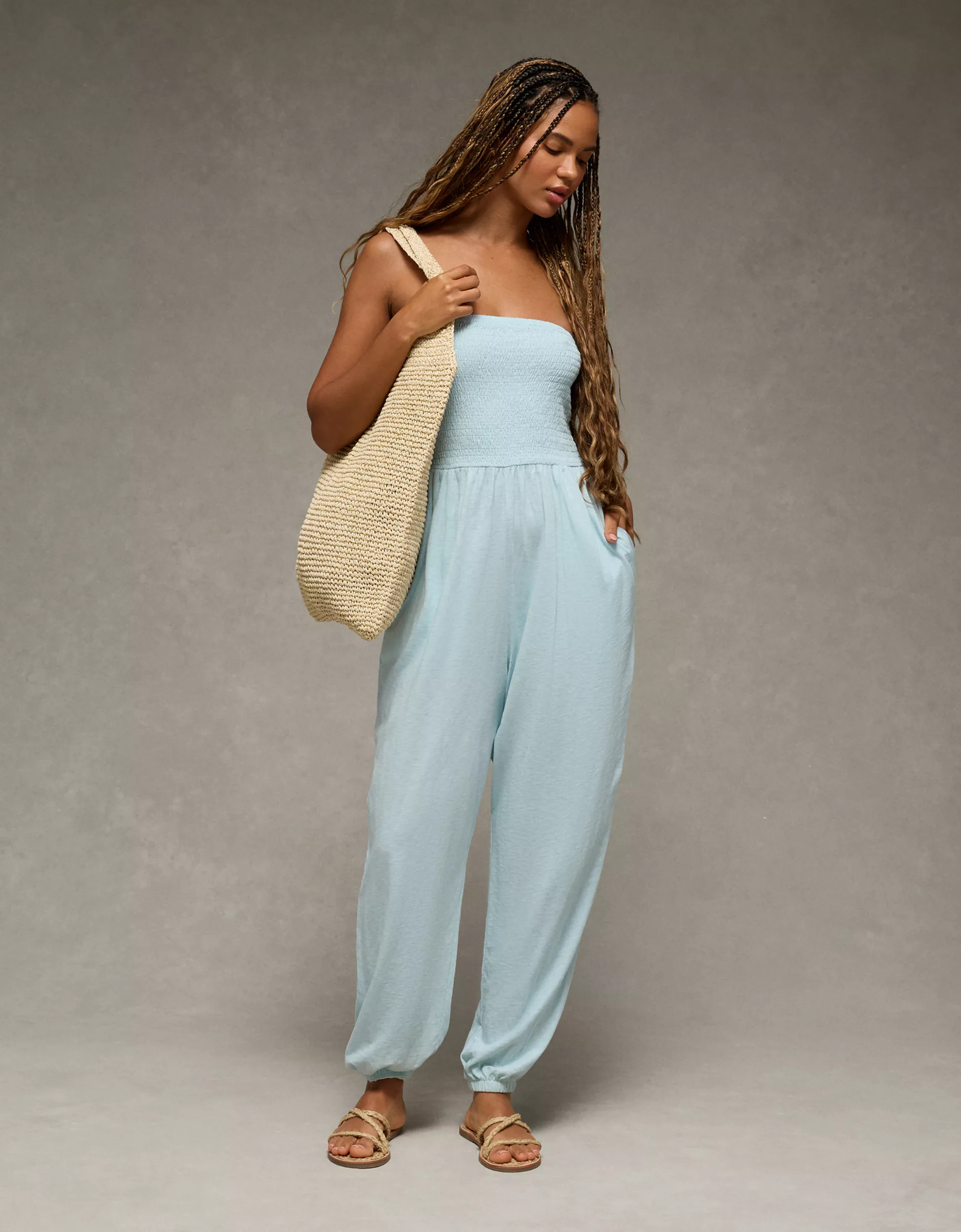 AE Sunchaser Knit Smocked Tube Jumpsuit | American Eagle Outfitters (US & CA)
