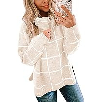 ECOWISH Women Fall Pullover Sweater Turtleneck Plaid Long Sleeve Loose Casual Chunky Checked Knit... | Amazon (US)