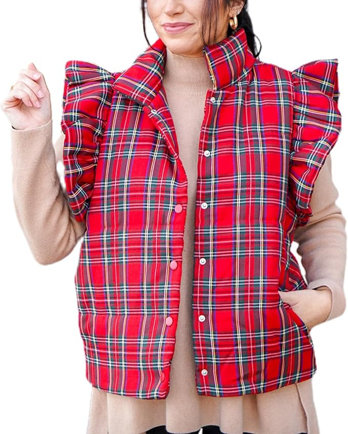 SOLILOQUY Women's Puffer Vests Fall Winter Ruffle Sleeve Button Down Plaid Padded Gilet with Pock... | Amazon (US)