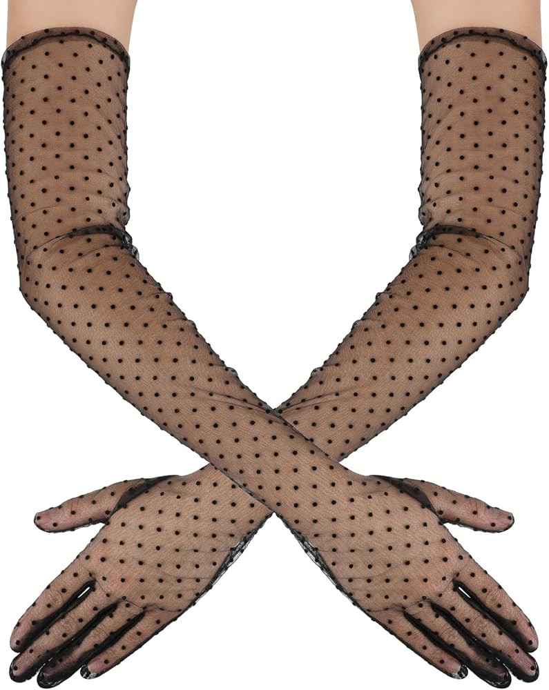 Polka Dot Lace Tulle Gloves - Black, Sheer, Vintage Mesh, Elbow Length - Wedding, Tea Party, Danc... | Amazon (US)