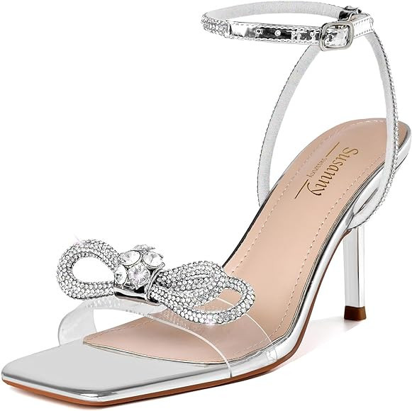 Susanny Women's Closed Toe Rhinstone Wedding Low Heel Slingback Clear Kitten Heels,Adjustable Str... | Amazon (US)