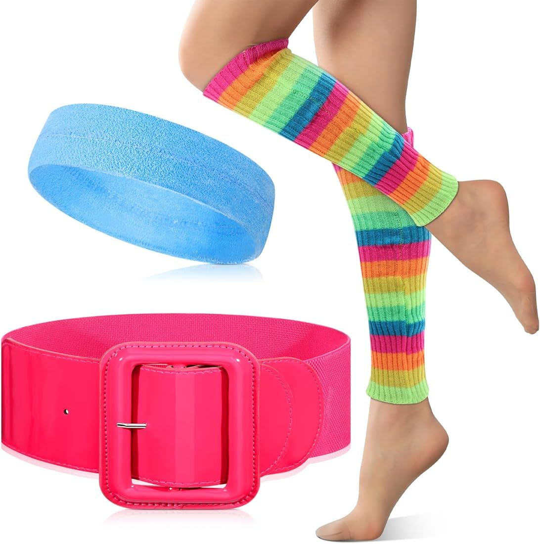80s Workout Costume Halloween Neon Outfit Accessories Set Rainbow Leg Warmers Pink Belt Blue Swea... | Amazon (US)