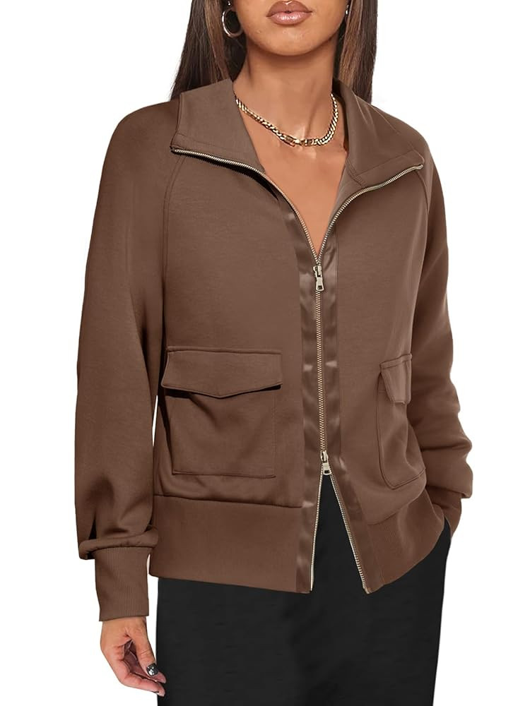 Fisoew Women's Zip up Sweatshirt Collared Neck Long Sleeve Loose Casual Lightweight Jacket with P... | Amazon (US)