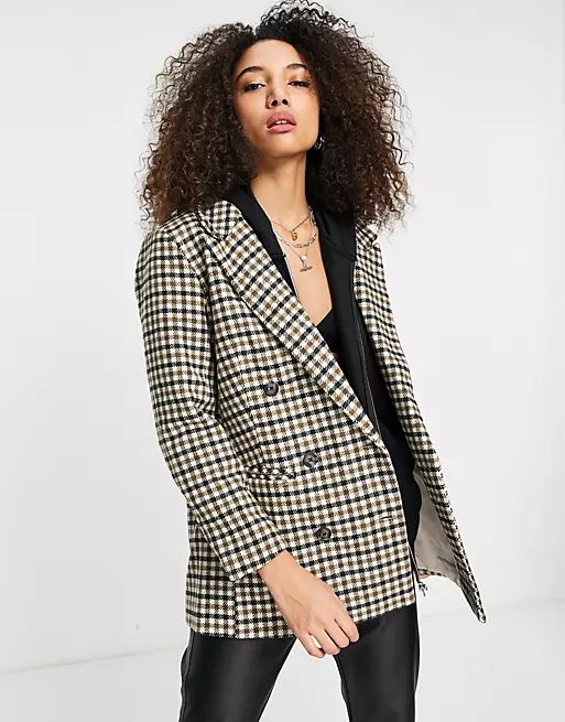 Object recycled blend double breasted blazer in brown check | ASOS (Global)
