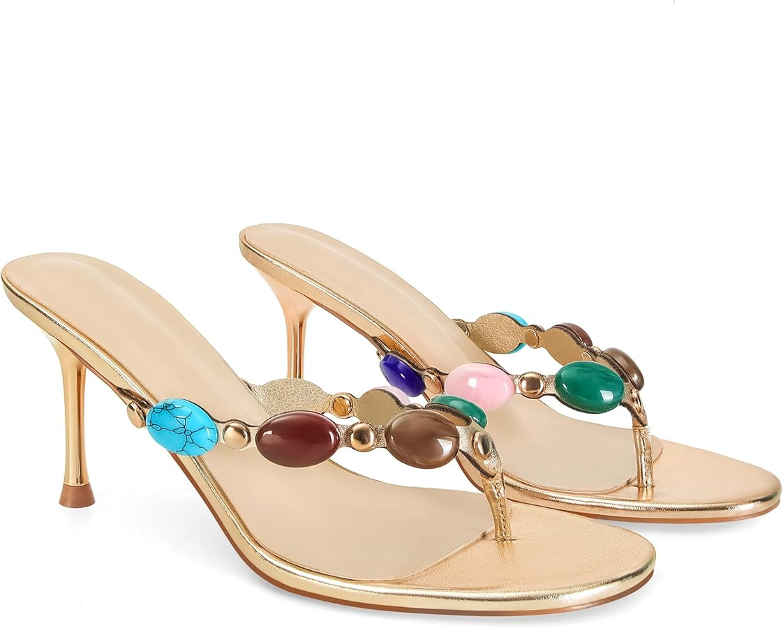 Jeweled Flip Flop Kitten Heels for Women Open Toe Beaded Strappy High Heels Sandals Slip On Thong... | Amazon (US)