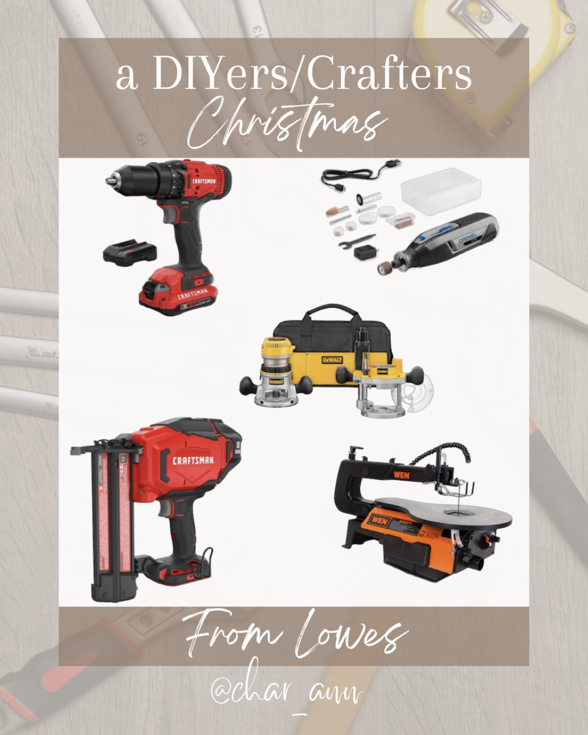 Here’s my DIYers / crafters Christmas list! 

If I had to pick my top 5 favorite tools that aren’t very popular in households these would be it! 

Minus the cordless drill I think most people have one of those on hand! 

But I love my router I end up finding a way to use it for most projects! 

And I just got my Brad nailer a few months ago and I’ve already went through a whole pack of nails it’s so handy!

I would saw the Dremel is more for crafting purposes adding those textured edges! 

And I absolutely love my scroll saw I’ve had it for 3 years now and can literally make anything with it! I love it way more than a jig saw because I feel more “in control” using it!

Most tools are on sale right now too! 

#LTKHoliday #LTKsalealert #LTKhome
