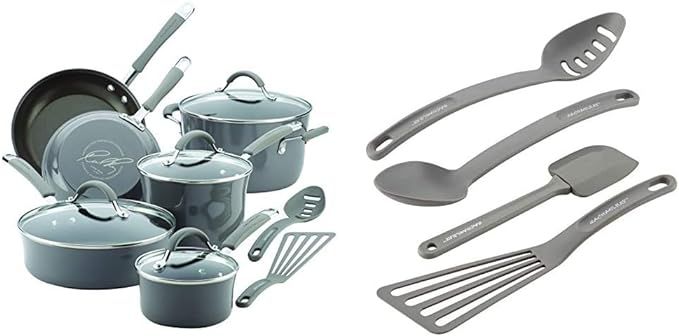 Rachael Ray Cucina Nonstick Cookware Pots and Pans Set, 12 Piece, Sea Salt Gray & Cucina Nylon No... | Amazon (US)