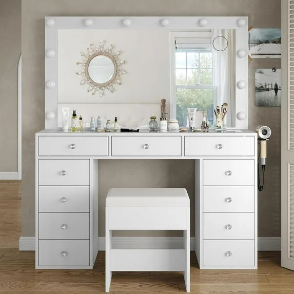 FUSOU 47"W 11 Drawer Vanity Desk with Power Outlet, Makeup Vanity with Mirror and 12 LED Lights, ... | Walmart (US)