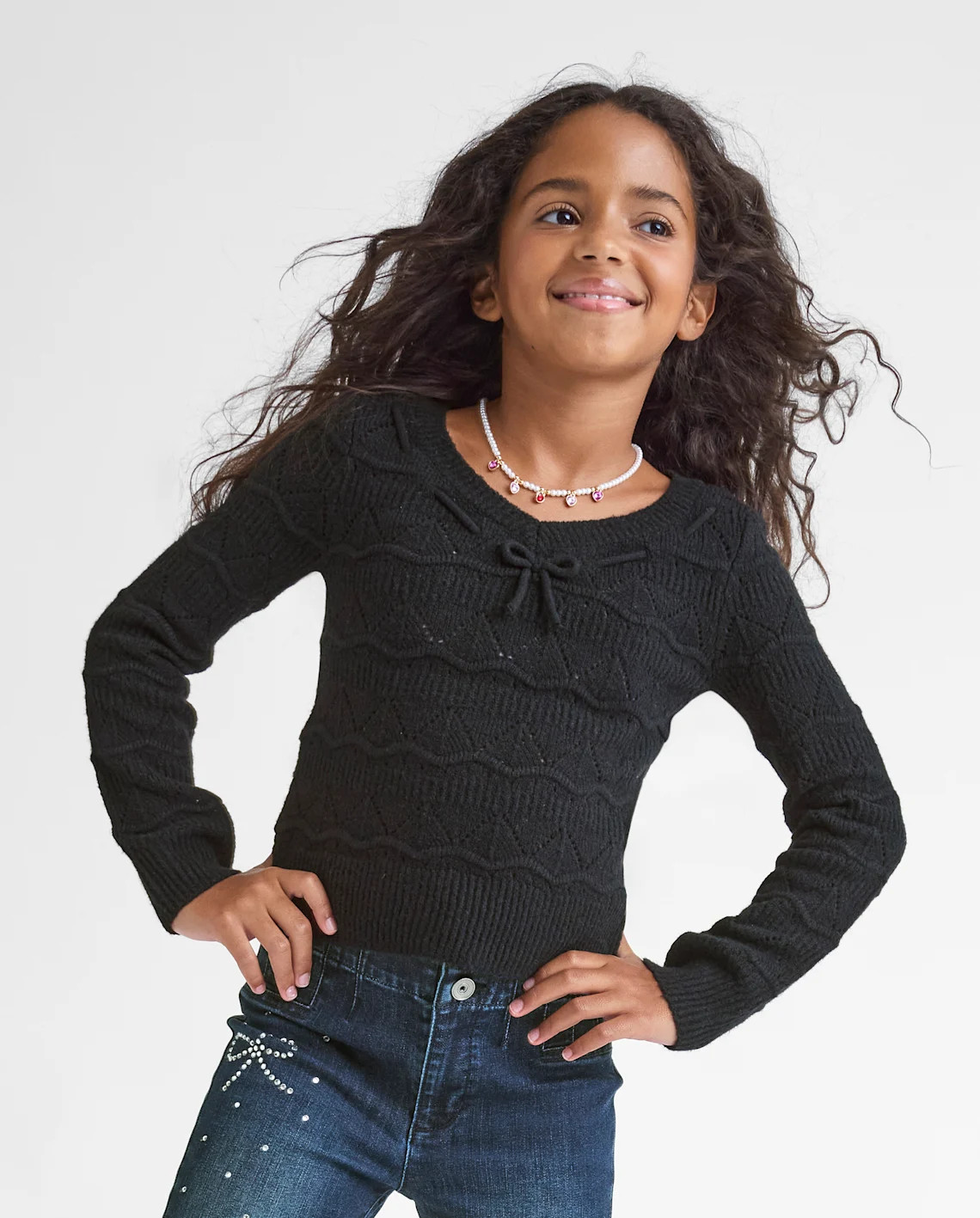 Girls Pointelle Bow Sweater - black | The Children's Place