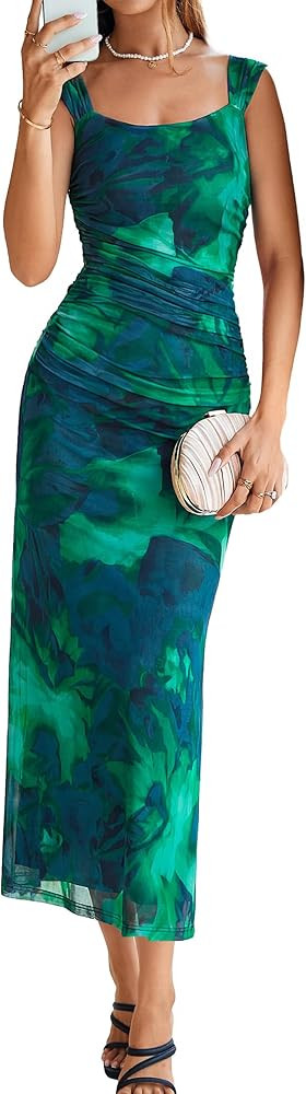 Simplee Womens Summer Wedding Guest Dress Floral Bodycon Mesh Tank Sleeveless Ruched Sexy Party S... | Amazon (US)