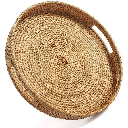 DanceeMangoo Round Rattan Serving Tray Decorative Woven Ottoman Trays with Handles for Coffee Table White (Small 11.8 inch x 2.4 inch) | Walmart (US)