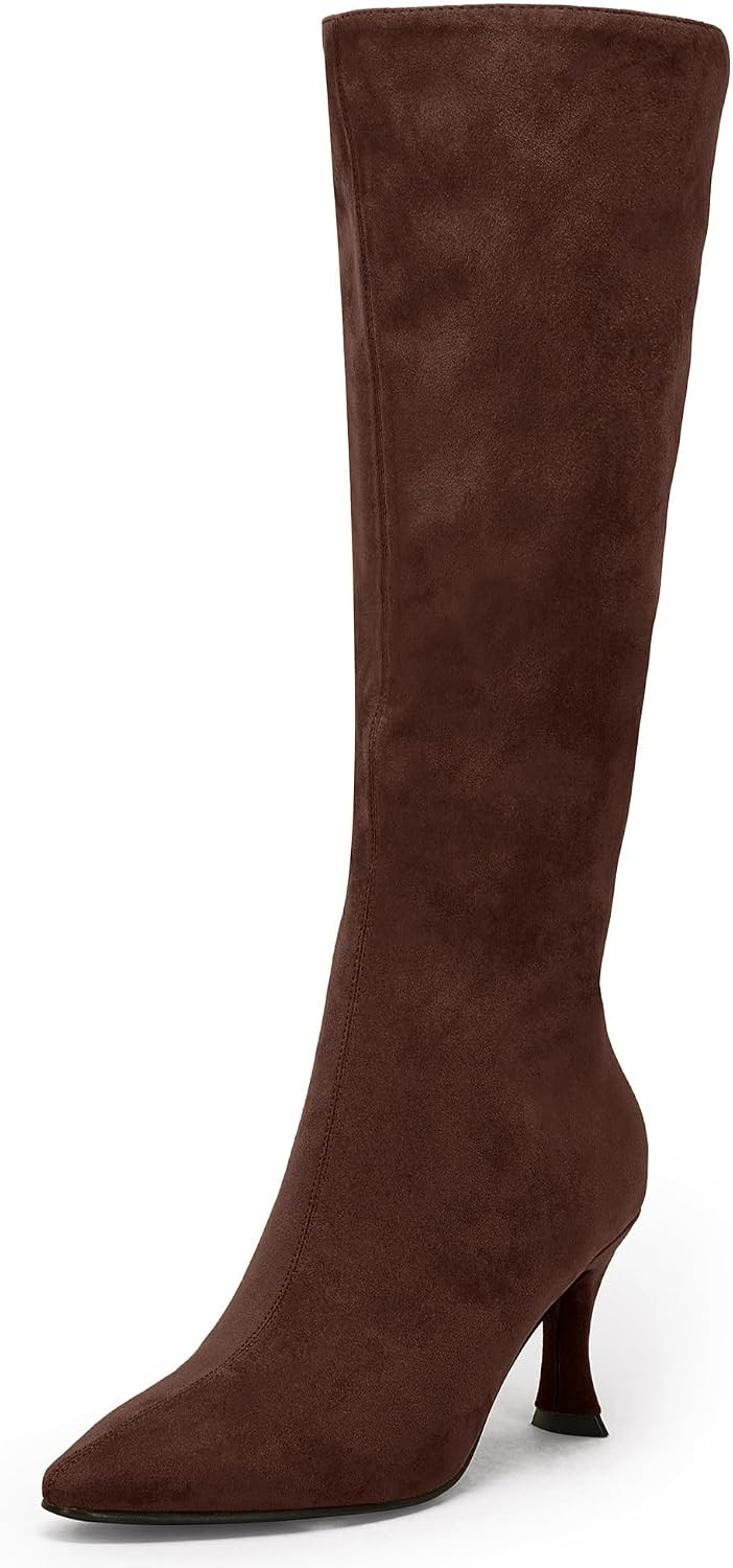 Coutgo Womens Knee High Boots Pointed Toe Kitten Heel Side Zipper Stretchy Vegan Suede Comfort Fall Winter Boot | Amazon (US)