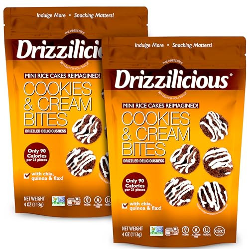 Drizzilicious Mini Rice Cakes Cookies & Cream - Rice Crisps, Healthy Snack for Adults and Kids, Flavored Rice Cakes, Vegan, Gluten Free, Allergen Free, Only 90 Calories Per Serving - 4 oz (Pack of 2) | Amazon (US)