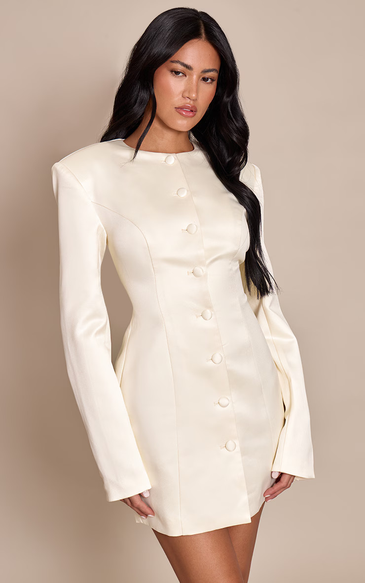Cream Satin Button Long Sleeve Blazer Dress | PrettyLittleThing UK