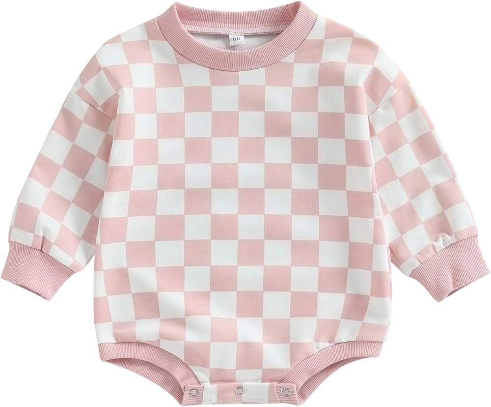 Karuedoo Baby Boy Girl Checkered Sweatshirt Romper Oversized Long Sleeve Bubble Romper Top Neutra... | Amazon (US)