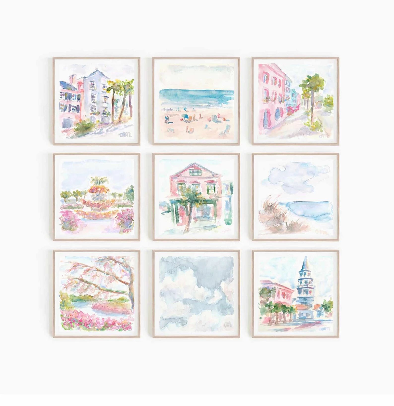 Set of 9 Charleston South Carolina Pastel Blue Pink Watercolor Print Rainbow Row Street Printable... | Etsy (US)