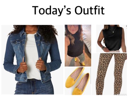 Outfit of the day!
Leopard jeans, yellow shoes, the most comfortable denim jacket, with a staple black top

#LTKmidsize #LTKstyletip #LTKover40