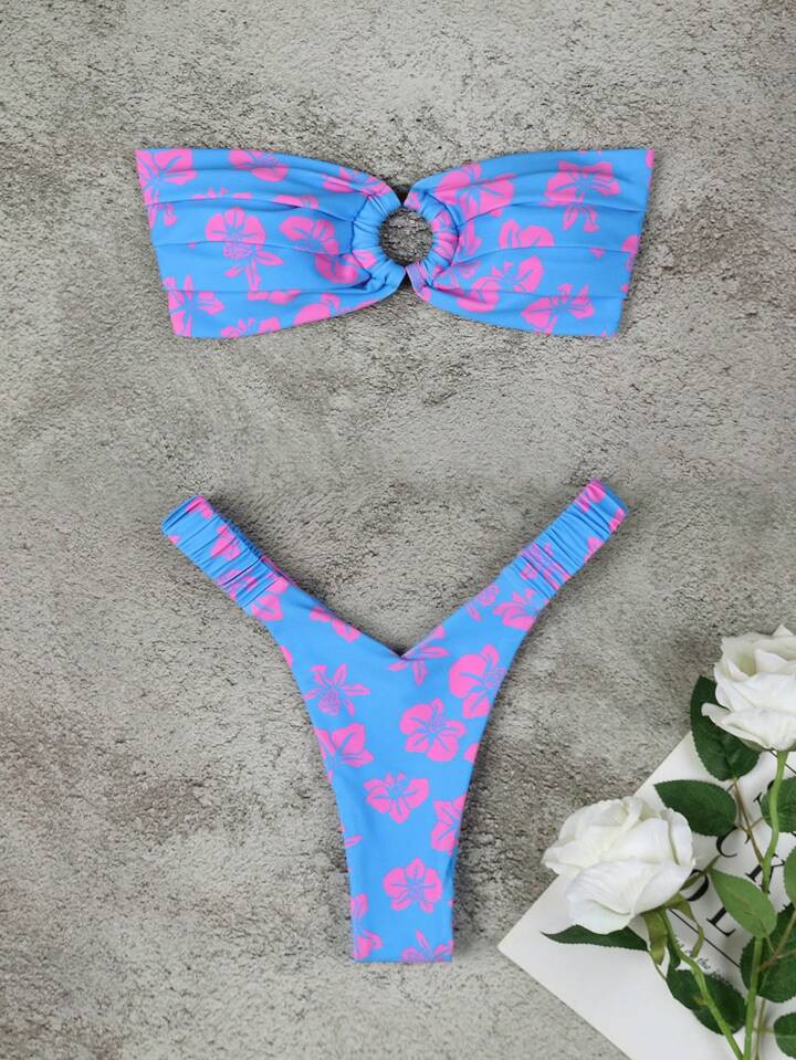 European And American Fashion Printed Ruched Bikini | SHEIN