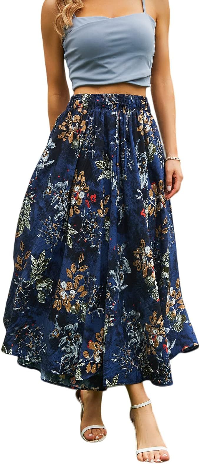 Maxi Skirts for Women with Pockets Long Midi Length Floral Casual Skirt for Beach Party Holiday | Amazon (US)