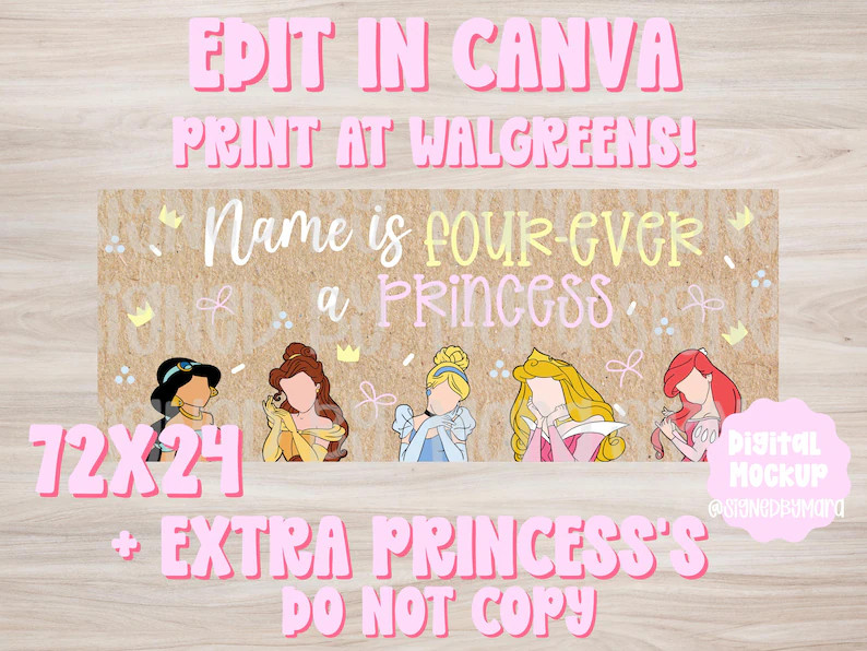 Four-ever a Princess- Ready to Print| Editable Canva Banner | 72 X 24 DIY Painted Sign | Digital ... | Etsy (Global)