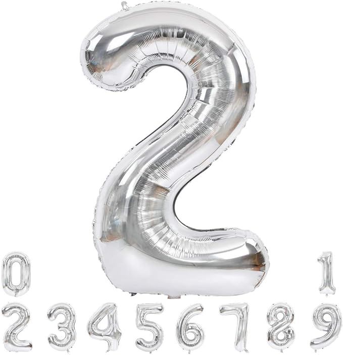 40 Inch Silver Large Numbers Balloons 0-9, Number 2 Digit 2 Helium Balloons, Foil Mylar Big Numbe... | Amazon (US)