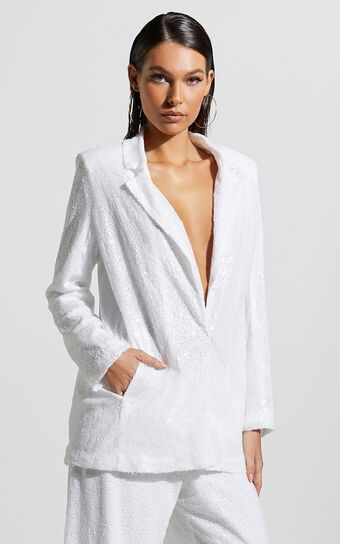 Looma Blazer - Sequin Relaxed Fit Blazer in White | Showpo (US, UK & Europe)