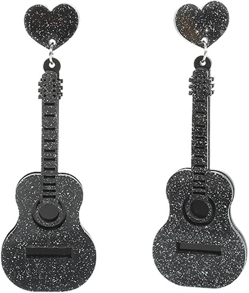 Guitar Earrings Acrylic Glitter Pink Guitar Dangle Earrings with Heart Renaissance Music Drop Ear... | Amazon (US)