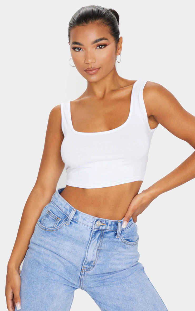 Basic White Cotton Blend Scoop Neck Crop Top | PrettyLittleThing UK