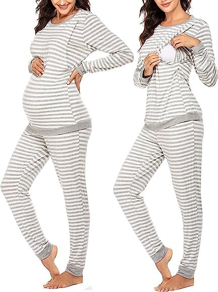 Ekouaer Maternity & Nursing Thermal Underwear Set Striped Knit Long Johns Set Top & Bottom Base Laye | Amazon (US)
