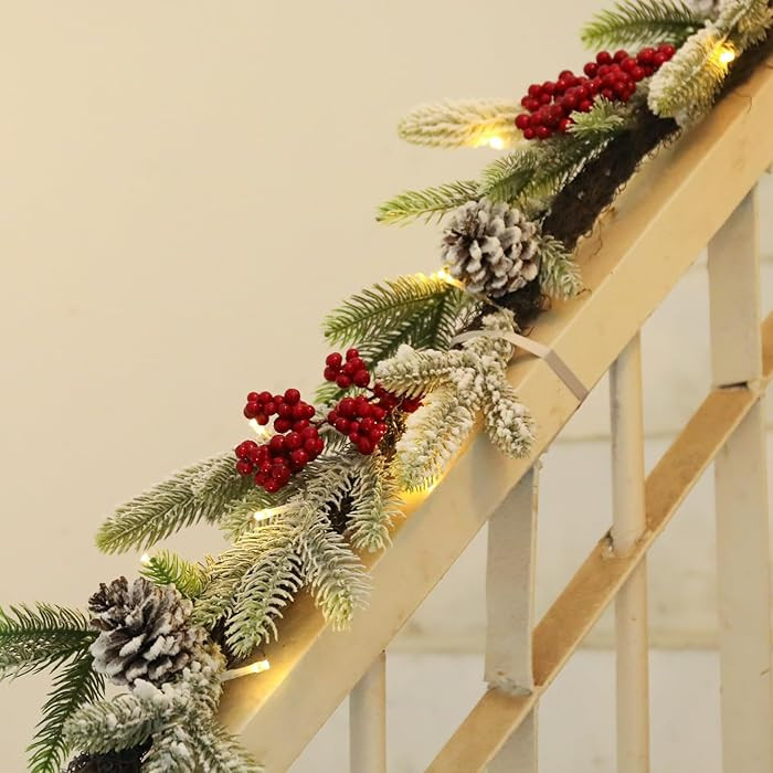 Bdor 6FT Pre-Lit Christmas Garland with Lights – Snow Flocked Pine Garland with Red Berries and... | Amazon (US)