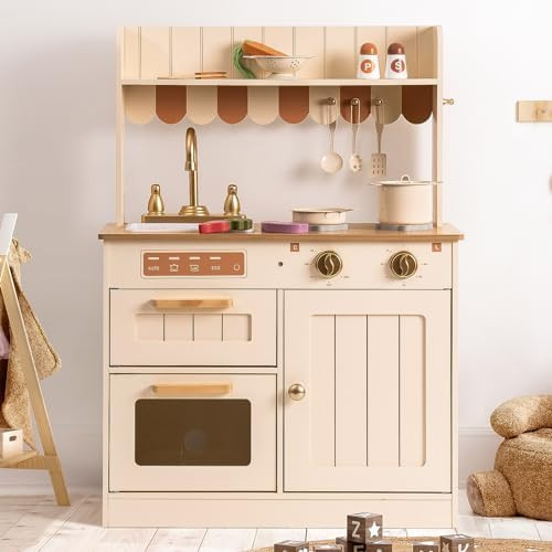 ROBOTIME Play Kitchen for Kids Toddlers, Wooden Pretend Play Kitchen Set Toy with Cutting Food Se... | Amazon (US)