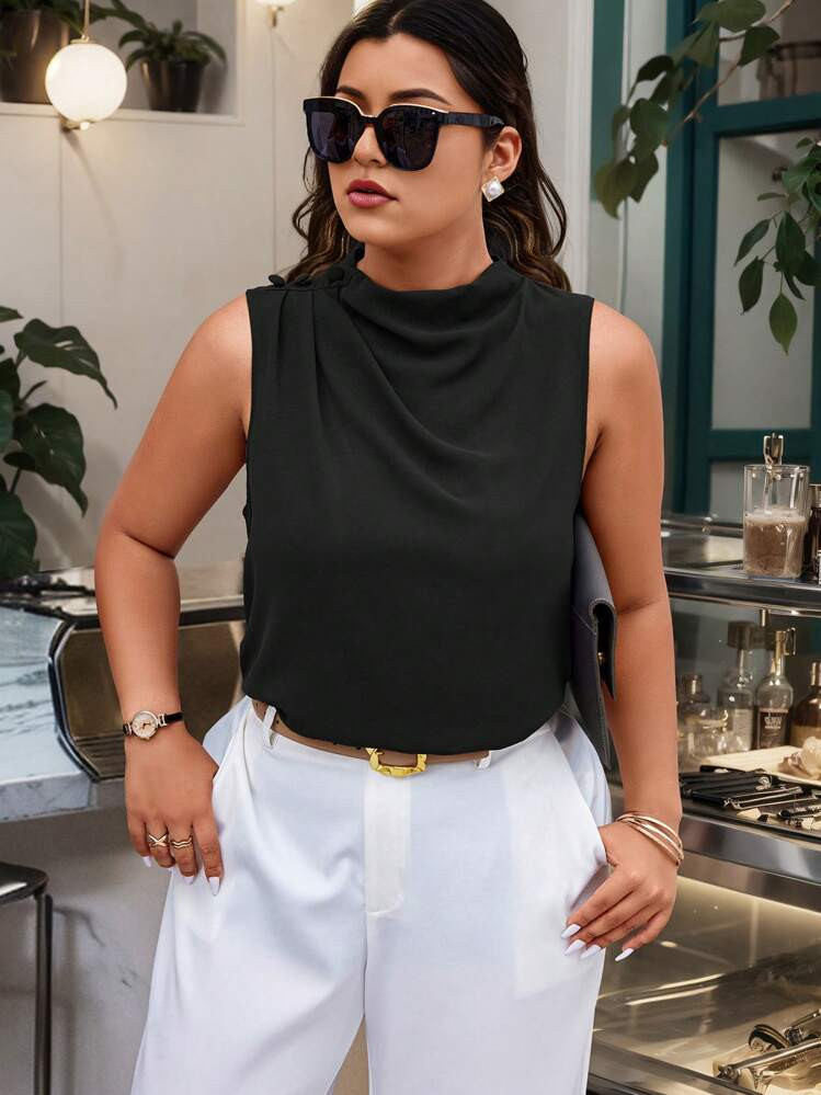 Calvaya Plus Size Summer Minimalist Solid Color Sleeveless Pleated Blouse | SHEIN