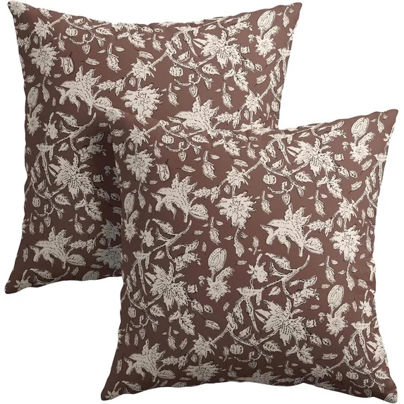 Brown Floral Block Print Throw Pillow Covers 20x20 Inch Set of 2 Vintage Boho Cottage Spring Fall... | Walmart (US)